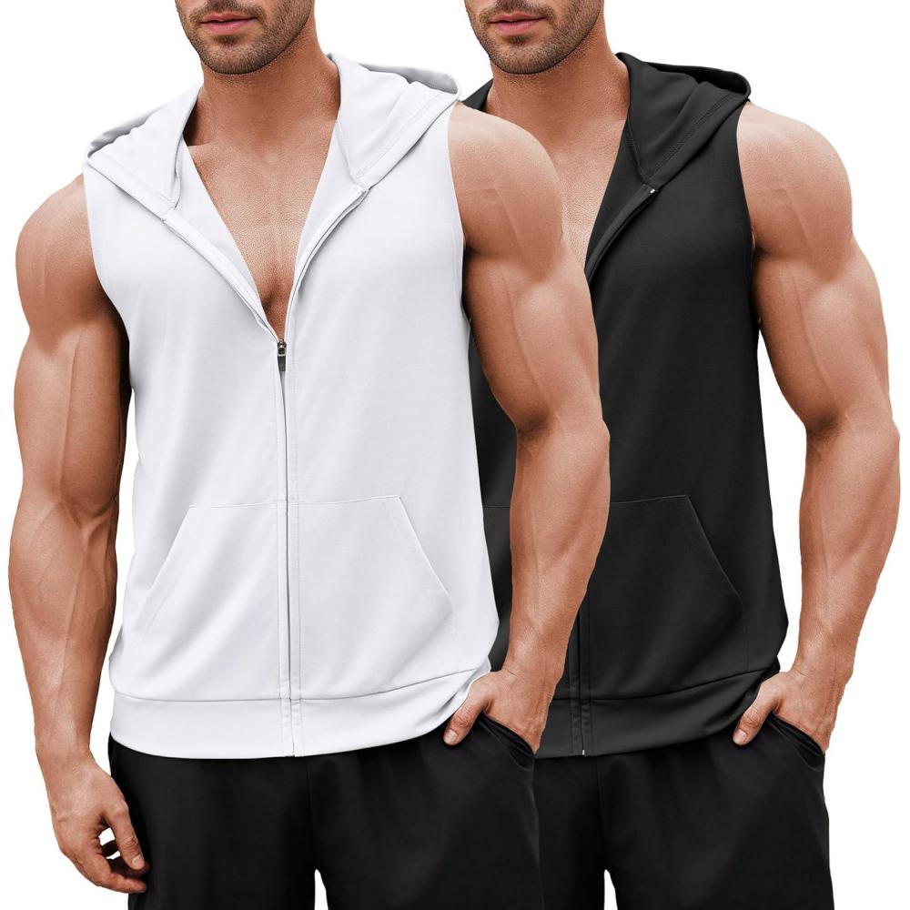 imageCOOFANDY Mens Workout Hooded Tank Tops 2 Pack Zip Up Sleeveless Gym Shirts Muscle Cut Off T Shirt Bodybuilding HoodiesWhiteBlack2pcs