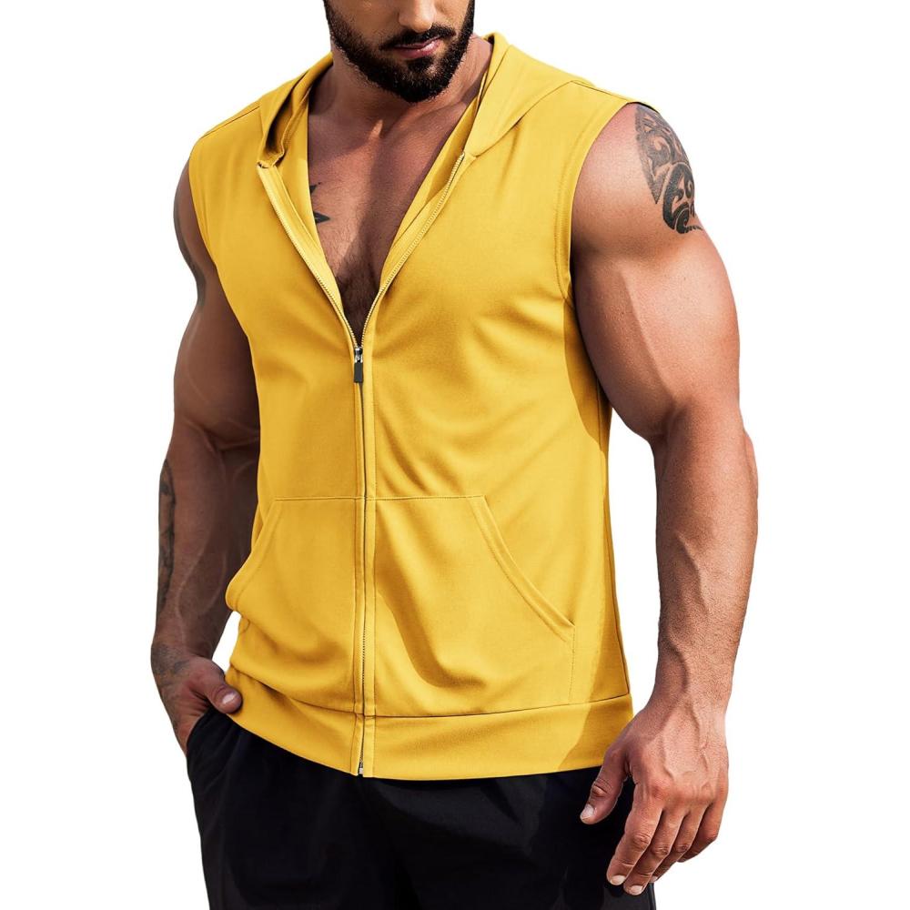 imageCOOFANDY Mens Workout Hooded Tank Tops 2 Pack Zip Up Sleeveless Gym Shirts Muscle Cut Off T Shirt Bodybuilding HoodiesYellow