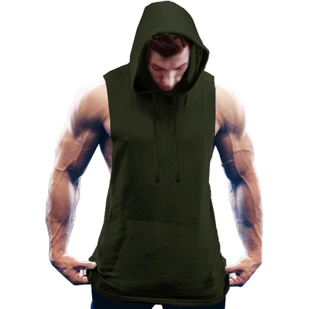 imageCOOFANDY Mens Workout Hooded Tank Tops Bodybuilding Muscle Cut Off T Shirt Sleeveless Gym HoodiesOliver Green
