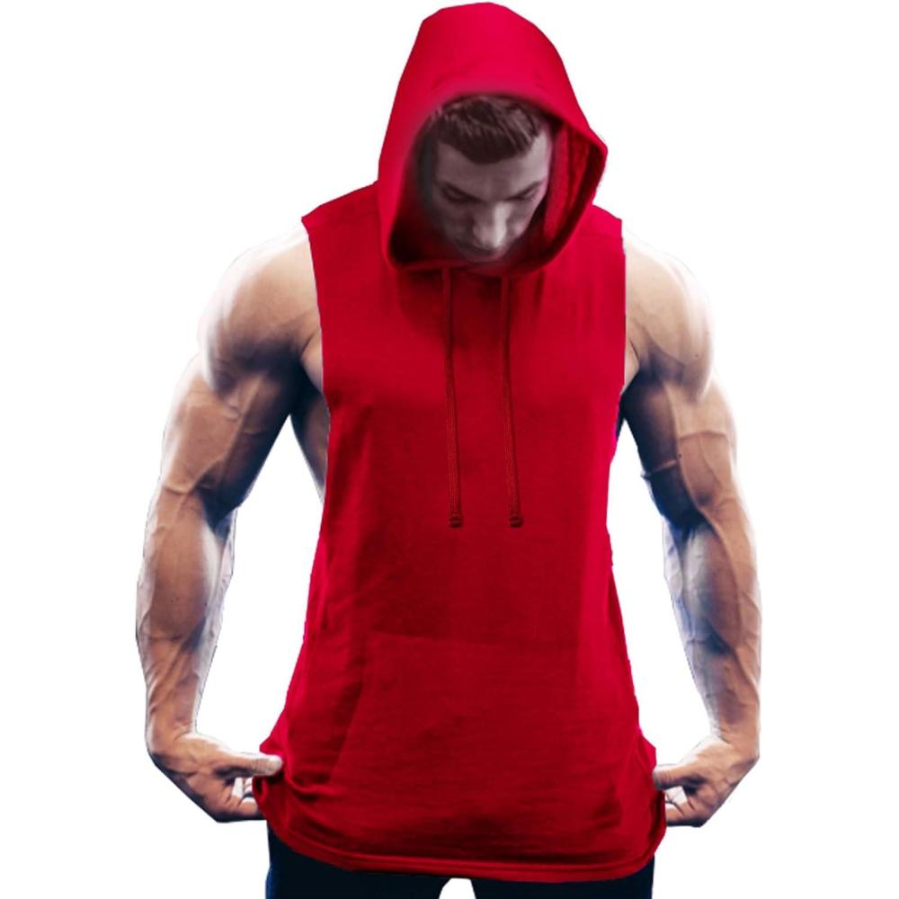 imageCOOFANDY Mens Workout Hooded Tank Tops Bodybuilding Muscle Cut Off T Shirt Sleeveless Gym HoodiesRed