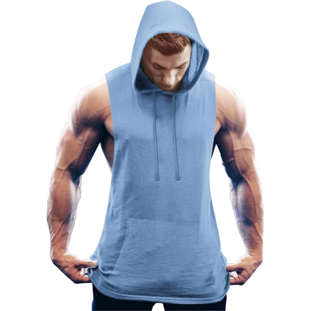 imageCOOFANDY Mens Workout Hooded Tank Tops Bodybuilding Muscle Cut Off T Shirt Sleeveless Gym HoodiesSky Blue