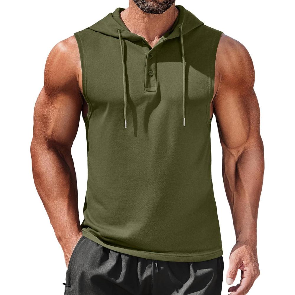 imageCOOFANDY Mens Workout Hooded Tank Tops Sleeveless Gym Hoodies Cotton Muscle Cut Off Shirt Bodybuilding Henley ShirtsArmy Green