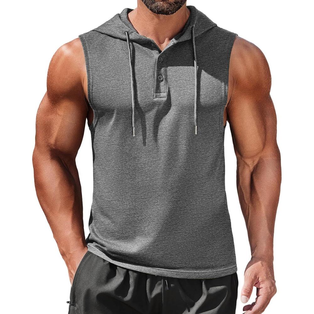 imageCOOFANDY Mens Workout Hooded Tank Tops Sleeveless Gym Hoodies Cotton Muscle Cut Off Shirt Bodybuilding Henley ShirtsDark Grey