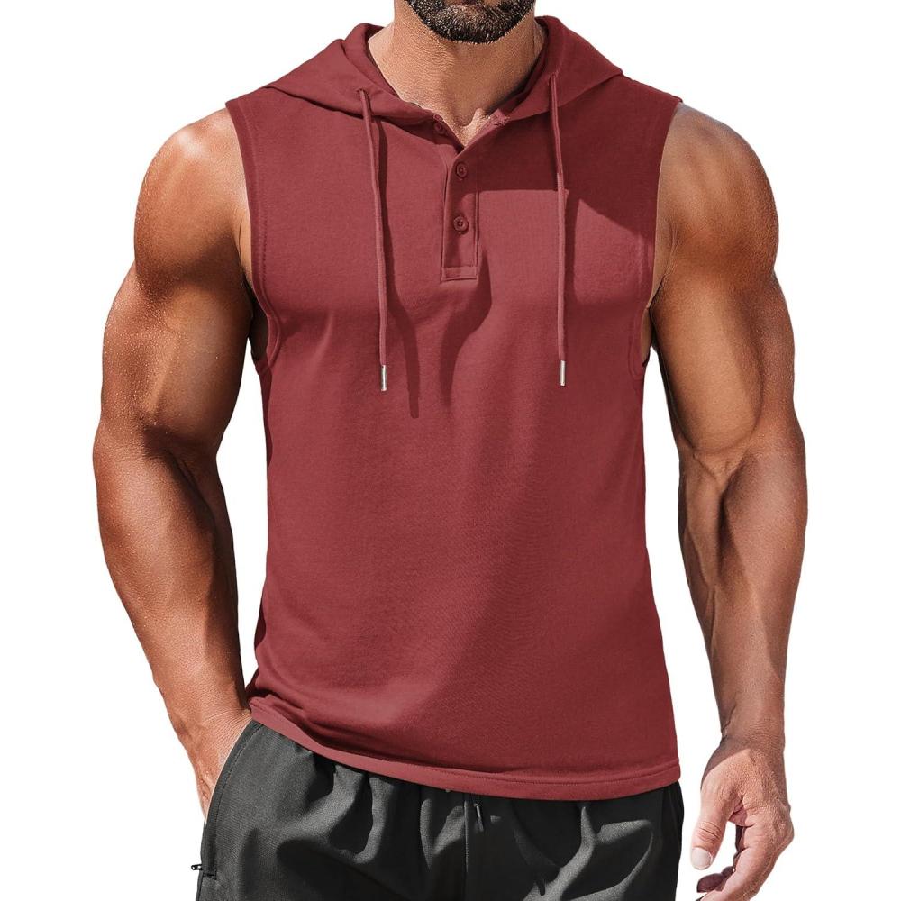 imageCOOFANDY Mens Workout Hooded Tank Tops Sleeveless Gym Hoodies Cotton Muscle Cut Off Shirt Bodybuilding Henley ShirtsWine Red