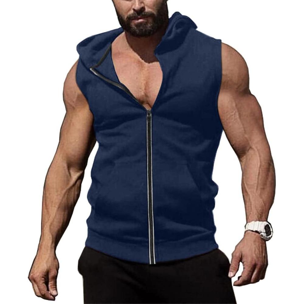imageCOOFANDY Mens Workout Hooded Tank Tops Zip Up Sleeveless Hoodie Bodybuilding Fitness Gym Muscle Cut Off T ShirtBlue