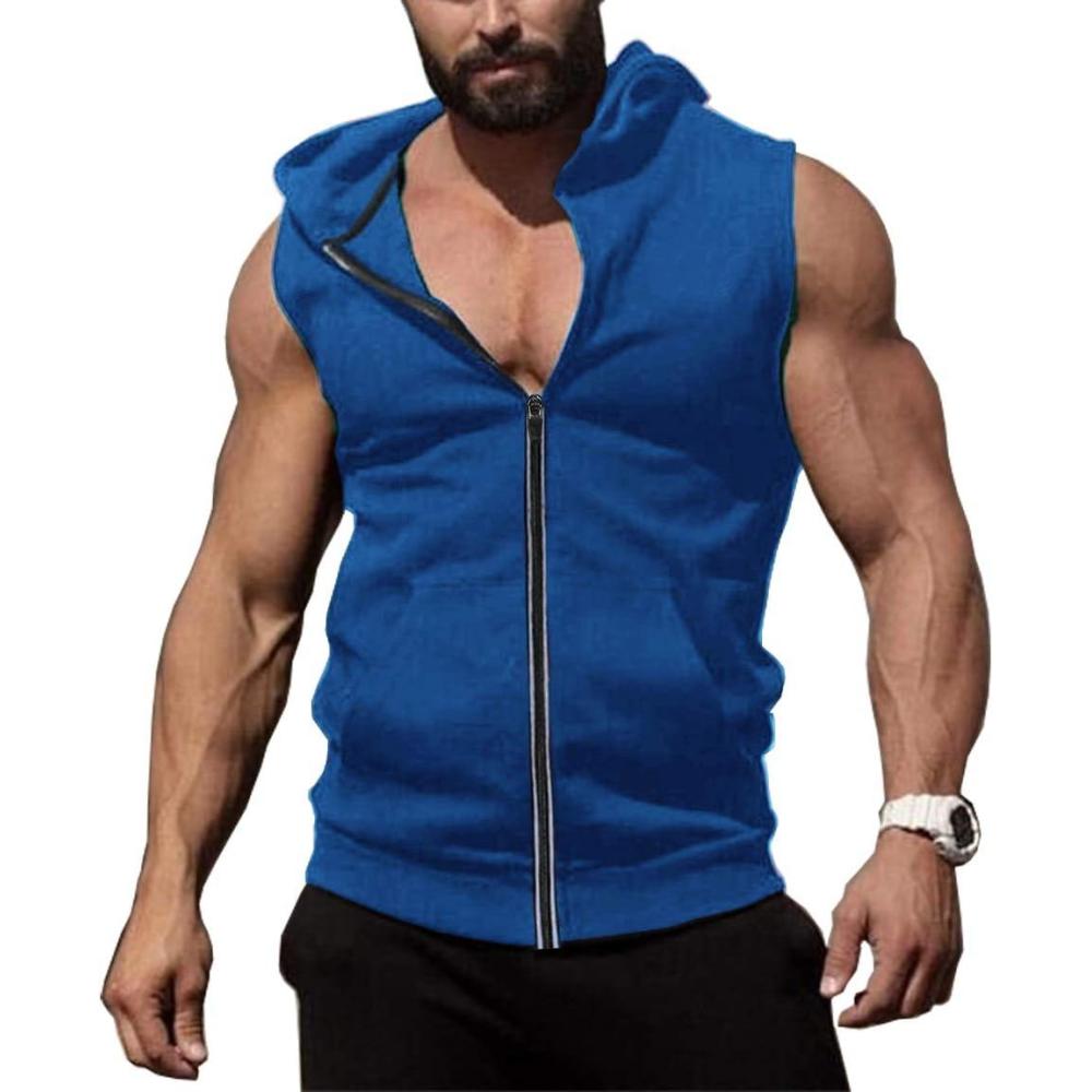 imageCOOFANDY Mens Workout Hooded Tank Tops Zip Up Sleeveless Hoodie Bodybuilding Fitness Gym Muscle Cut Off T ShirtSnorkel Blue