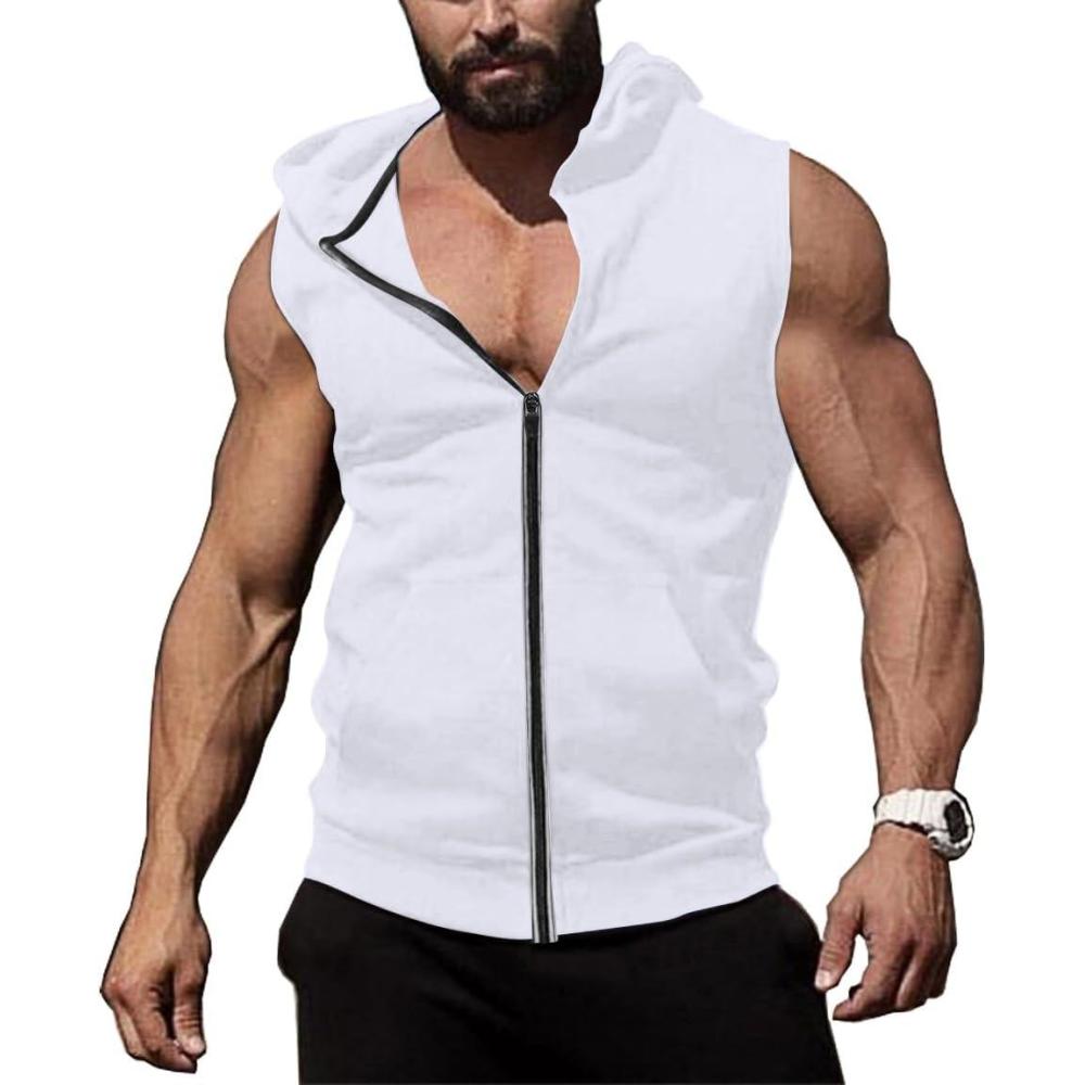 imageCOOFANDY Mens Workout Hooded Tank Tops Zip Up Sleeveless Hoodie Bodybuilding Fitness Gym Muscle Cut Off T ShirtWhite