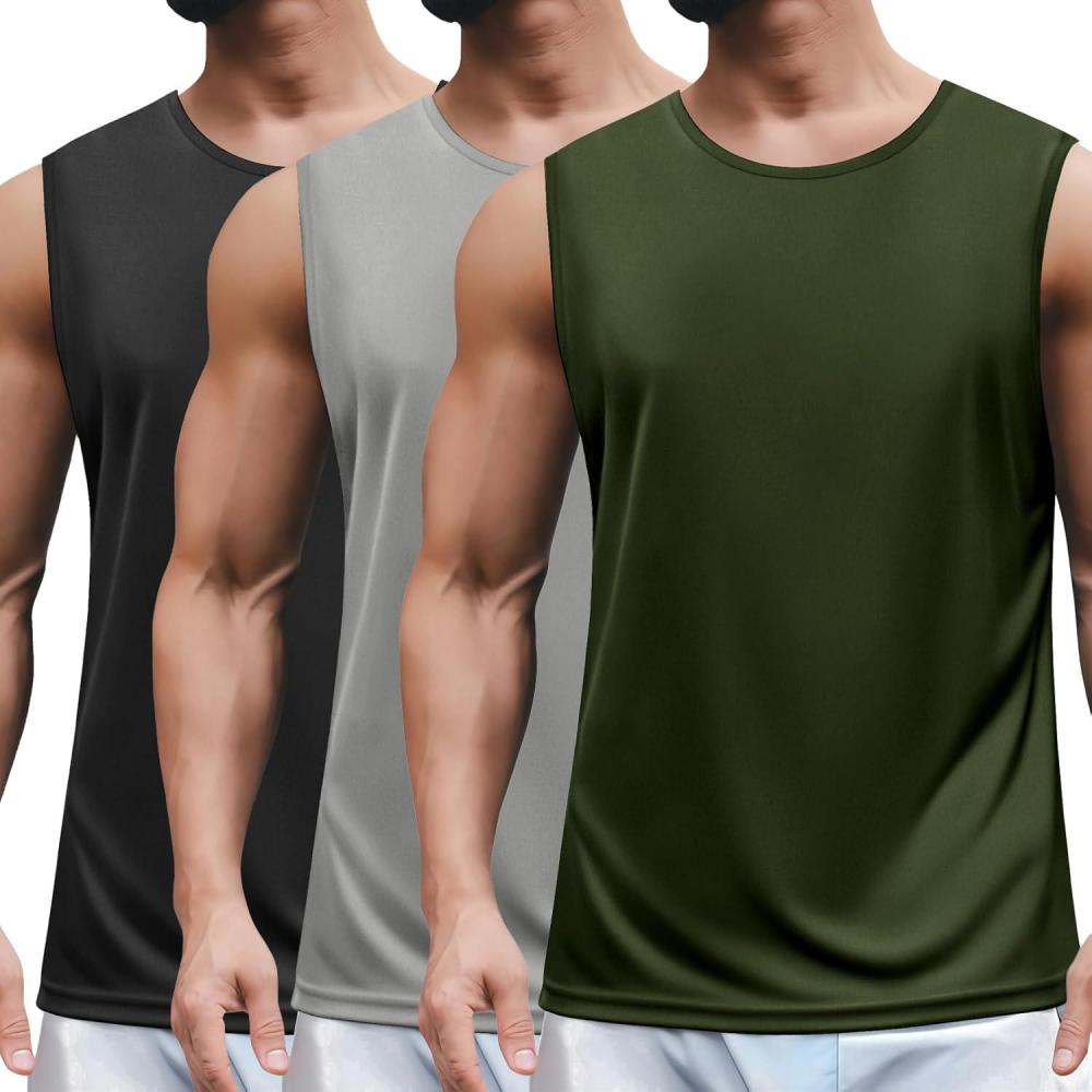 imageCOOFANDY Mens Workout Tank Top 3 Pack Quck Dry Sleeveless Gym Muscle Shirts Summer Swim Beach TopsBlackLight GreyArmy Green