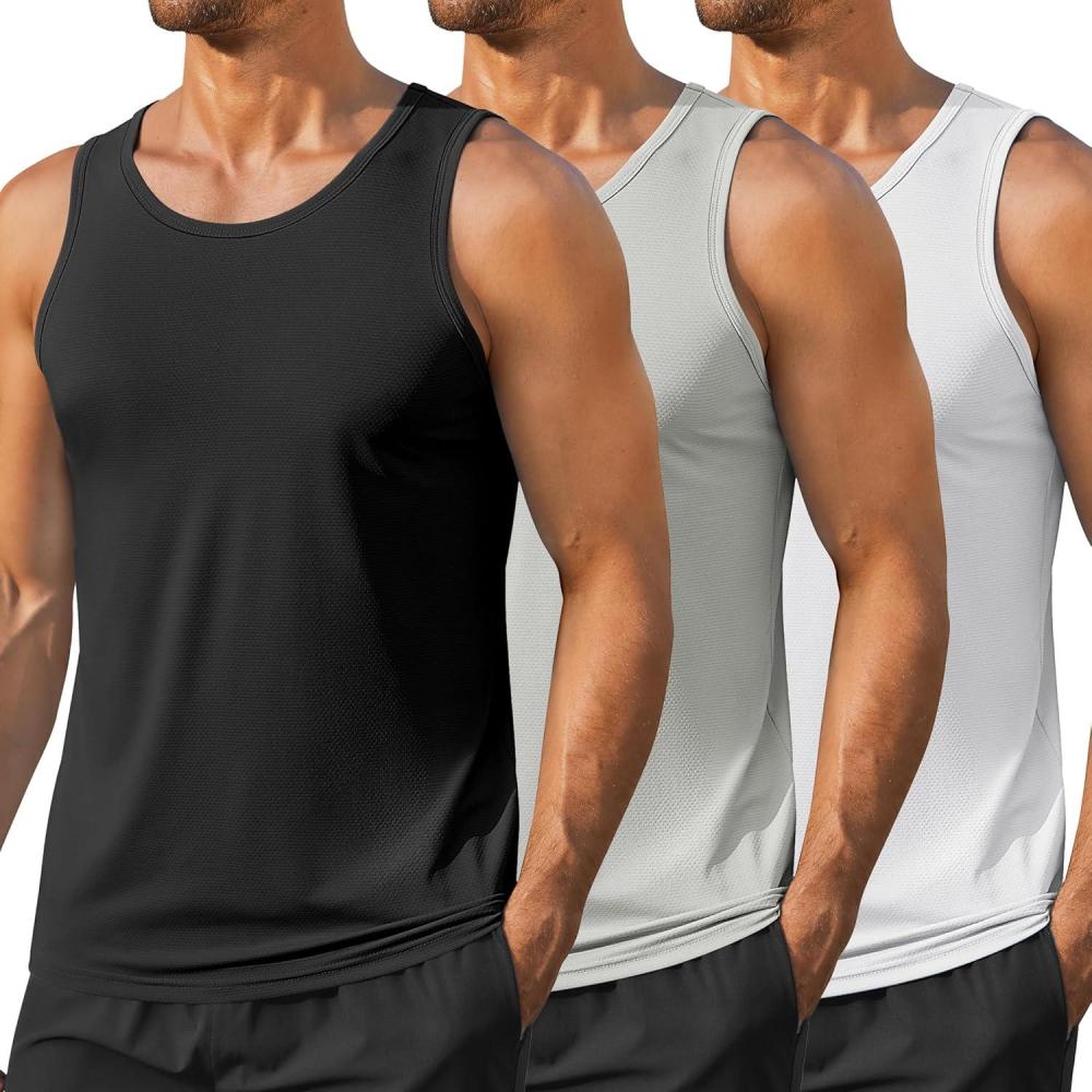 imageCOOFANDY Mens Workout Tank Top 3 Pack Quck Dry Sleeveless Gym Muscle Shirts Summer Swim Beach TopsBlackWhiteLight Gray