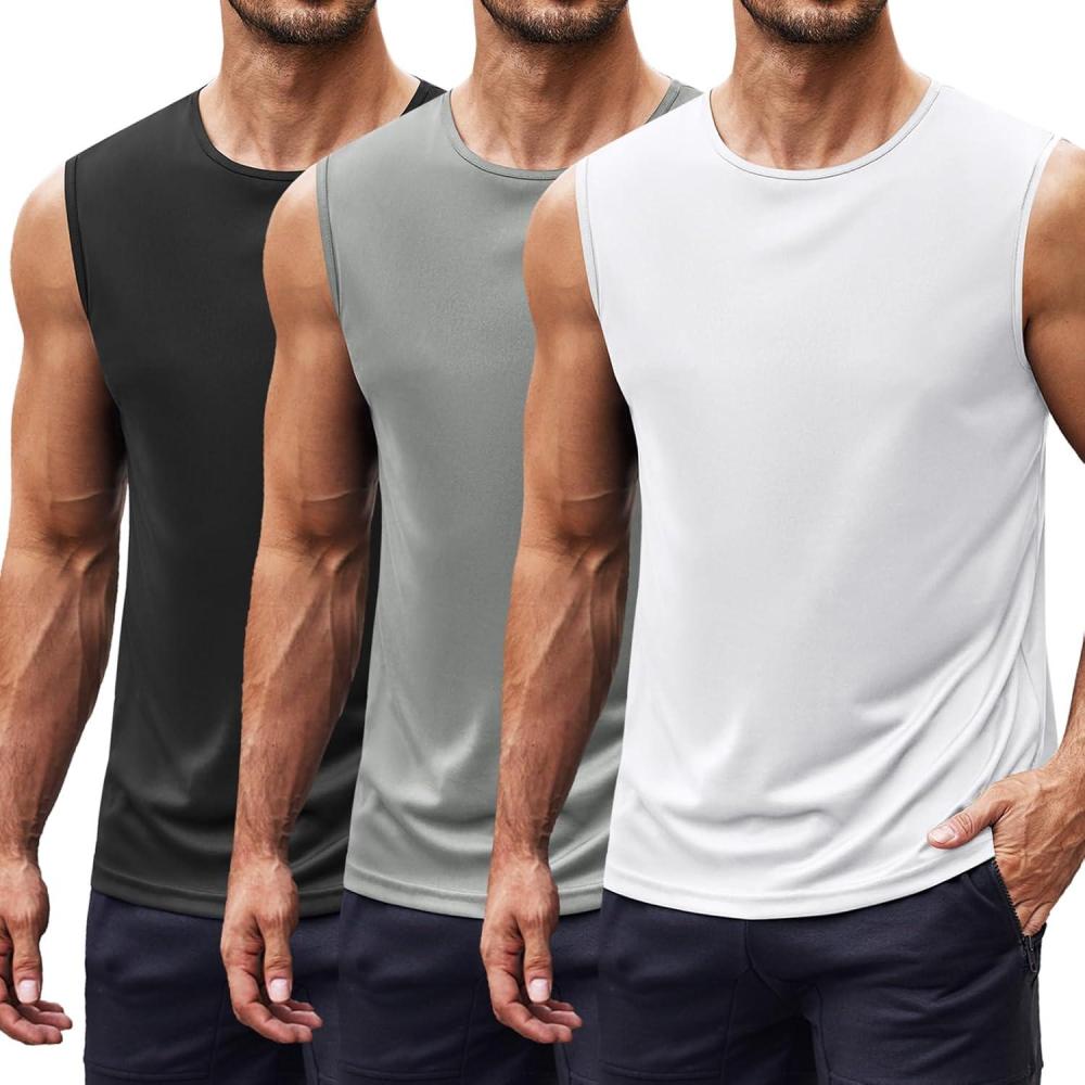 imageCOOFANDY Mens Workout Tank Top 3 Pack Quck Dry Sleeveless Gym Muscle Shirts Summer Swim Beach TopsBlackWhiteLight Grey