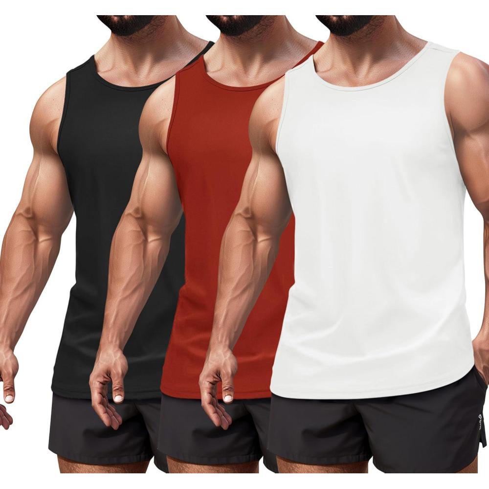 imageCOOFANDY Mens Workout Tank Top 3 Pack Quck Dry Sleeveless Gym Muscle Shirts Summer Swim Beach TopsBlackWhiteWine Red