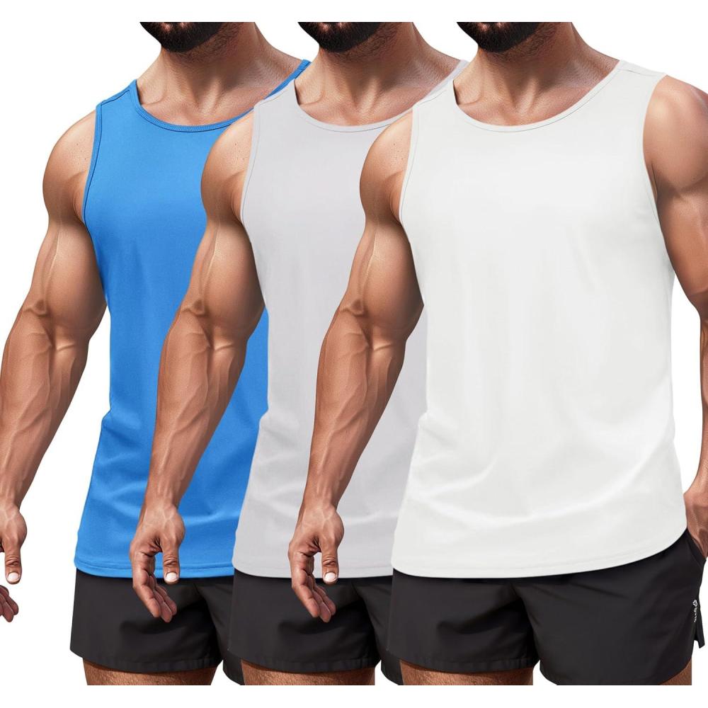 imageCOOFANDY Mens Workout Tank Top 3 Pack Quck Dry Sleeveless Gym Muscle Shirts Summer Swim Beach TopsWhiteGreyBlue