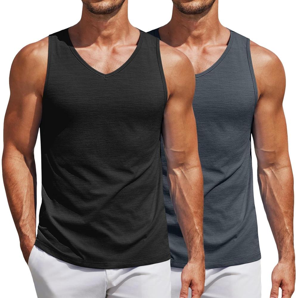 imageCOOFANDY Mens Workout Tank Top V Neck Gym Sleeveless Muscle T Shirts Textured Casual Tank Tops SummerBlackDark Grey 2 Pcs
