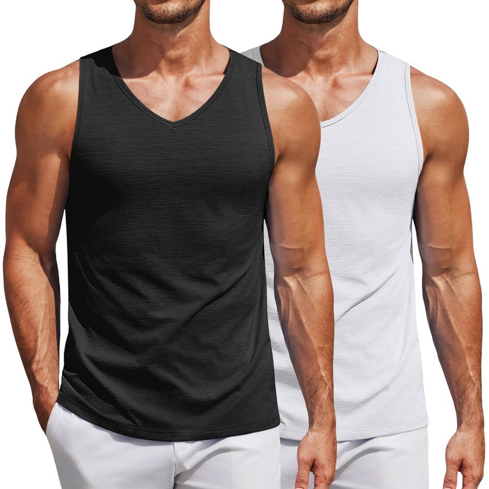 imageCOOFANDY Mens Workout Tank Top V Neck Gym Sleeveless Muscle T Shirts Textured Casual Tank Tops SummerBlackWhite 2 Pcs