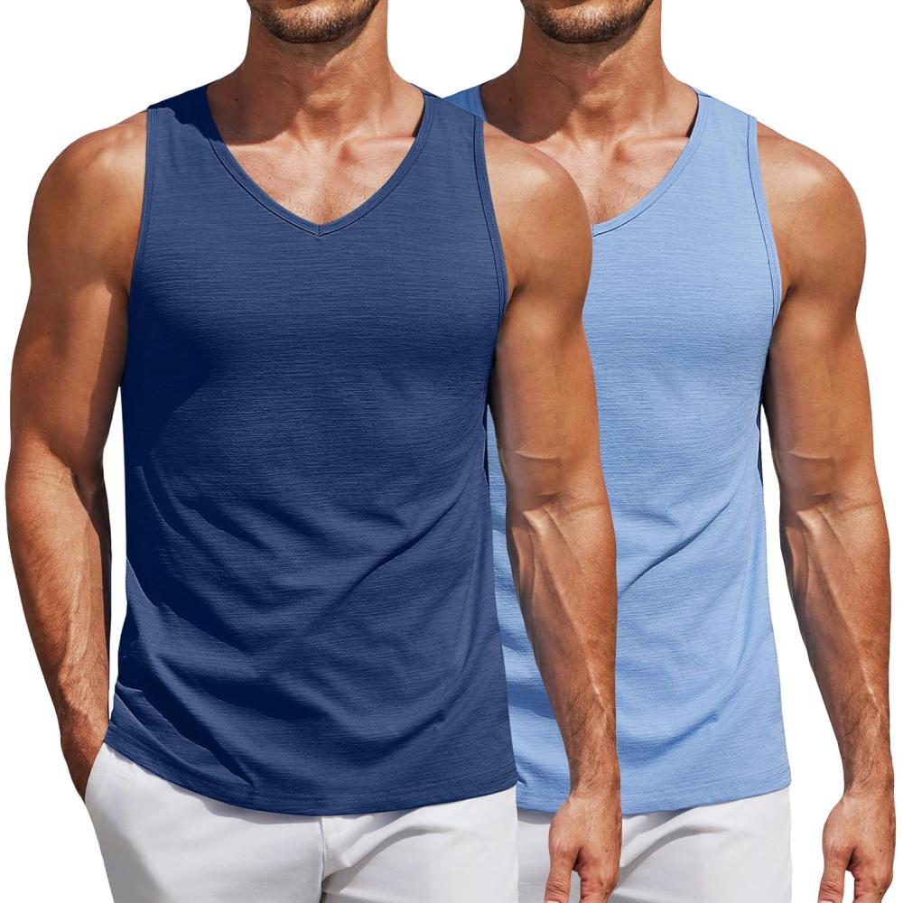 imageCOOFANDY Mens Workout Tank Top V Neck Gym Sleeveless Muscle T Shirts Textured Casual Tank Tops SummerNavy BlueLight Blue 2 Pcs