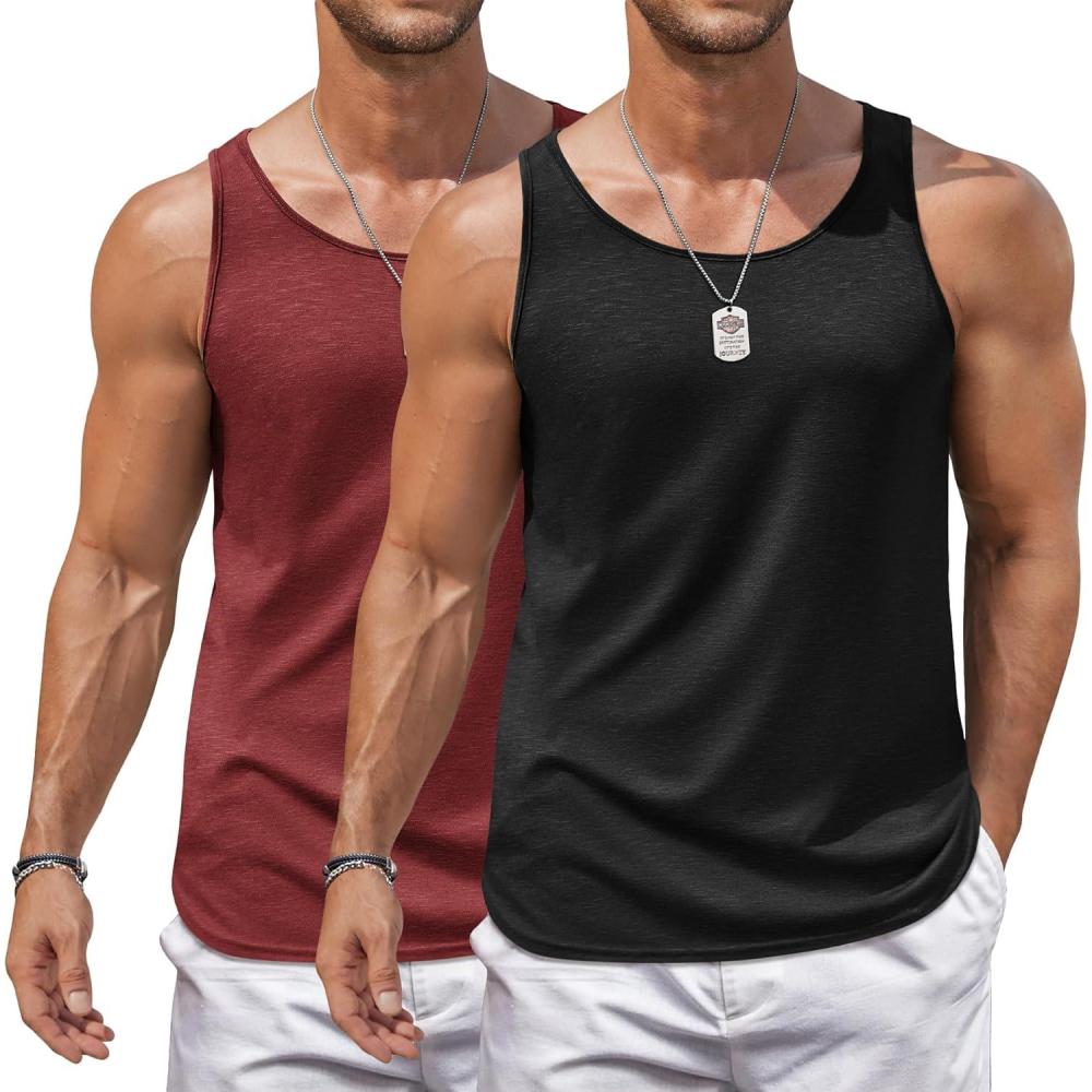 imageCOOFANDY Mens Workout Tank Tops 2 Pack Gym Muscle Sleeveless Shirt Casual Stringer Athletic Tee Shirts SummerBlack Wine Red