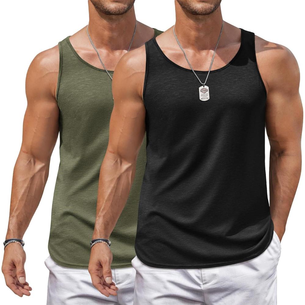imageCOOFANDY Mens Workout Tank Tops 2 Pack Gym Muscle Sleeveless Shirt Casual Stringer Athletic Tee Shirts SummerBlackarmy Green