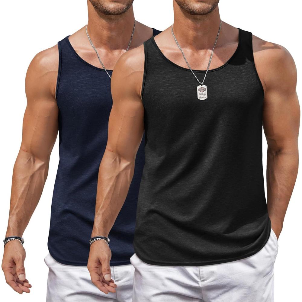 imageCOOFANDY Mens Workout Tank Tops 2 Pack Gym Muscle Sleeveless Shirt Casual Stringer Athletic Tee Shirts SummerBlacknavy