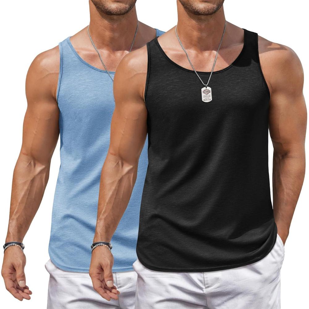 imageCOOFANDY Mens Workout Tank Tops 2 Pack Gym Muscle Sleeveless Shirt Casual Stringer Athletic Tee Shirts SummerDark Grey Light Blue