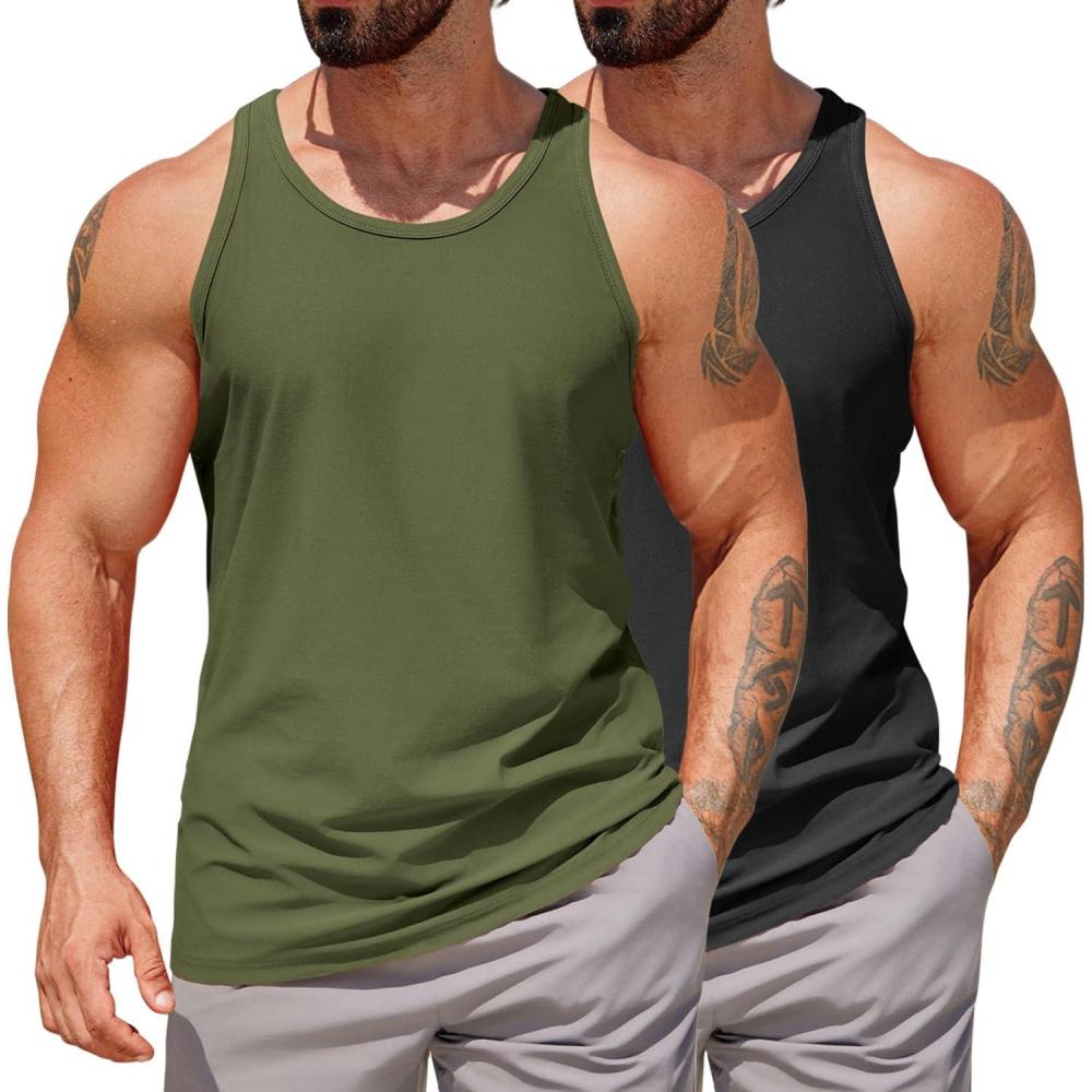imageCOOFANDY Mens Workout Tank Tops 2 Pack Y Back Sleeveless Shirts Gym Muscle T Shirt Bodybuidling Athletic Stringer TeeBlackArmy Green