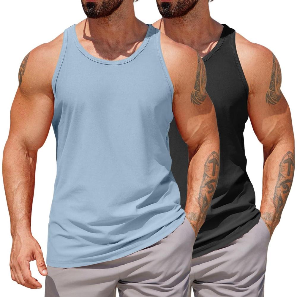 imageCOOFANDY Mens Workout Tank Tops 2 Pack Y Back Sleeveless Shirts Gym Muscle T Shirt Bodybuidling Athletic Stringer TeeBlackLight Blue