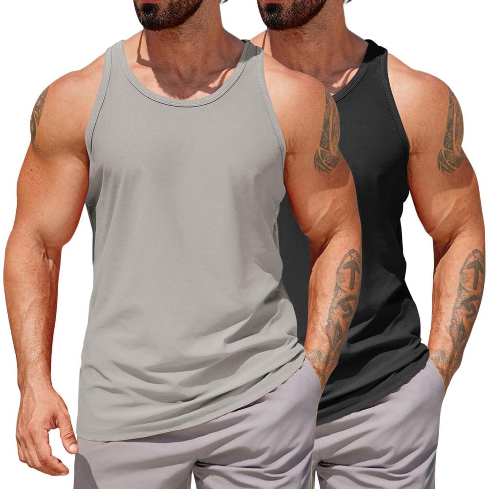 imageCOOFANDY Mens Workout Tank Tops 2 Pack Y Back Sleeveless Shirts Gym Muscle T Shirt Bodybuidling Athletic Stringer TeeBlackLight Grey