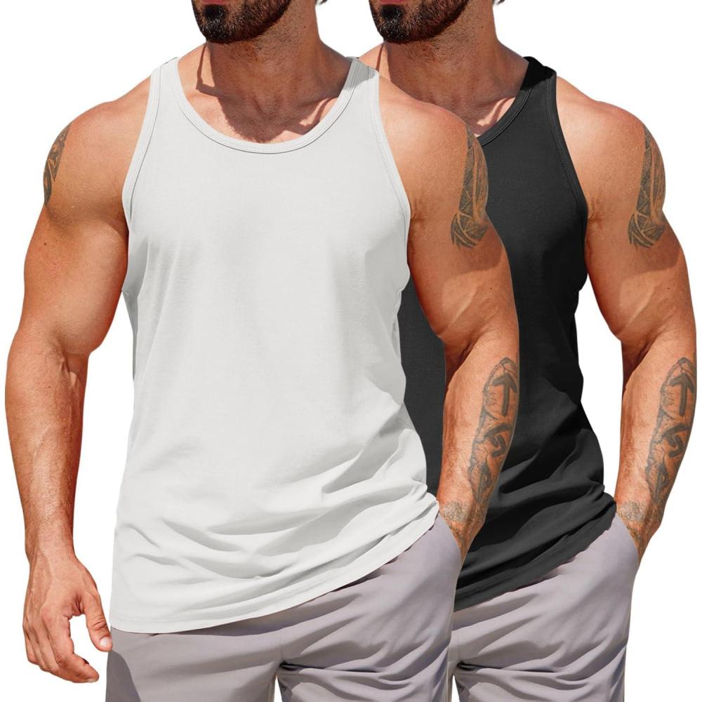 imageCOOFANDY Mens Workout Tank Tops 2 Pack Y Back Sleeveless Shirts Gym Muscle T Shirt Bodybuidling Athletic Stringer TeeBlackWhite