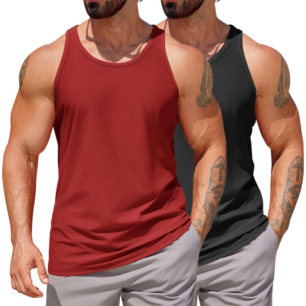 imageCOOFANDY Mens Workout Tank Tops 2 Pack Y Back Sleeveless Shirts Gym Muscle T Shirt Bodybuidling Athletic Stringer TeeBlackWine Red
