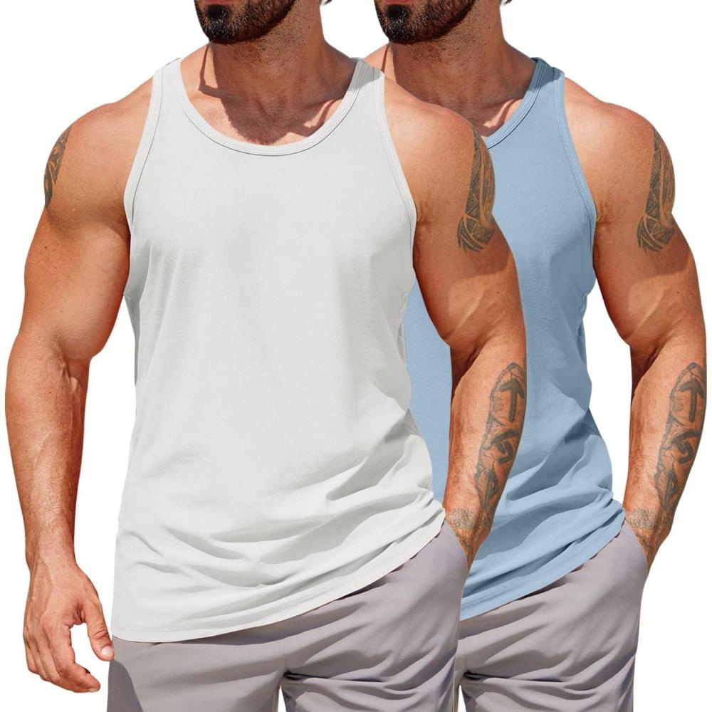 imageCOOFANDY Mens Workout Tank Tops 2 Pack Y Back Sleeveless Shirts Gym Muscle T Shirt Bodybuidling Athletic Stringer TeeWhiteLight Blue