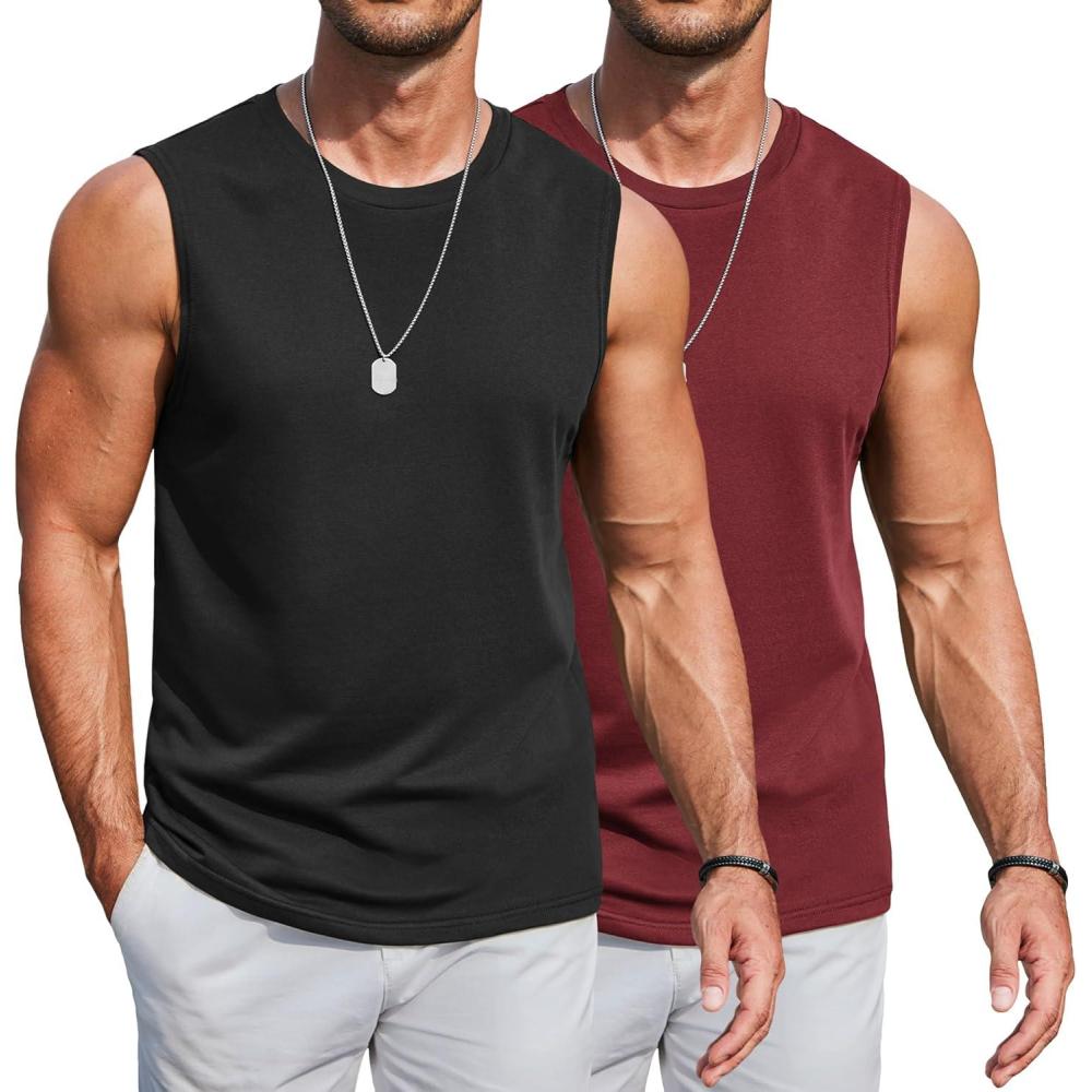 imageCOOFANDY Mens Workout Tank Tops Cotton 3 Pack Soft Gym Muscle Shirt Sleeveless Classic T ShirtsBlack Wine Red