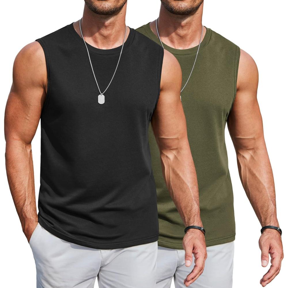 imageCOOFANDY Mens Workout Tank Tops Cotton 3 Pack Soft Gym Muscle Shirt Sleeveless Classic T ShirtsBlackArmy Green