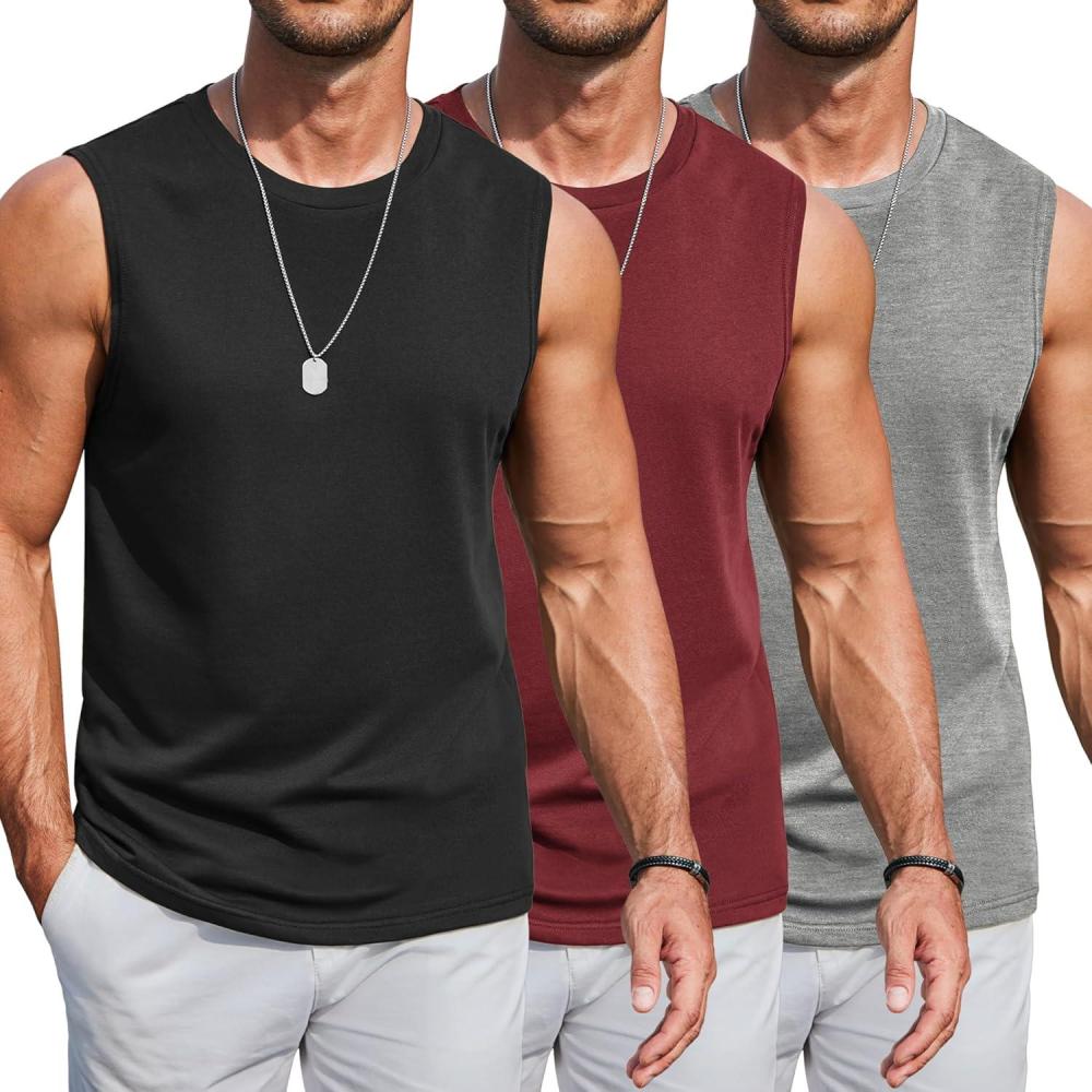 imageCOOFANDY Mens Workout Tank Tops Cotton 3 Pack Soft Gym Muscle Shirt Sleeveless Classic T ShirtsBlackMedium Grey Wine Red