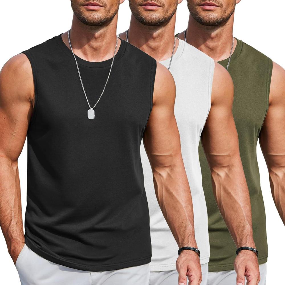 imageCOOFANDY Mens Workout Tank Tops Cotton 3 Pack Soft Gym Muscle Shirt Sleeveless Classic T ShirtsBlackWhiteArmy Green