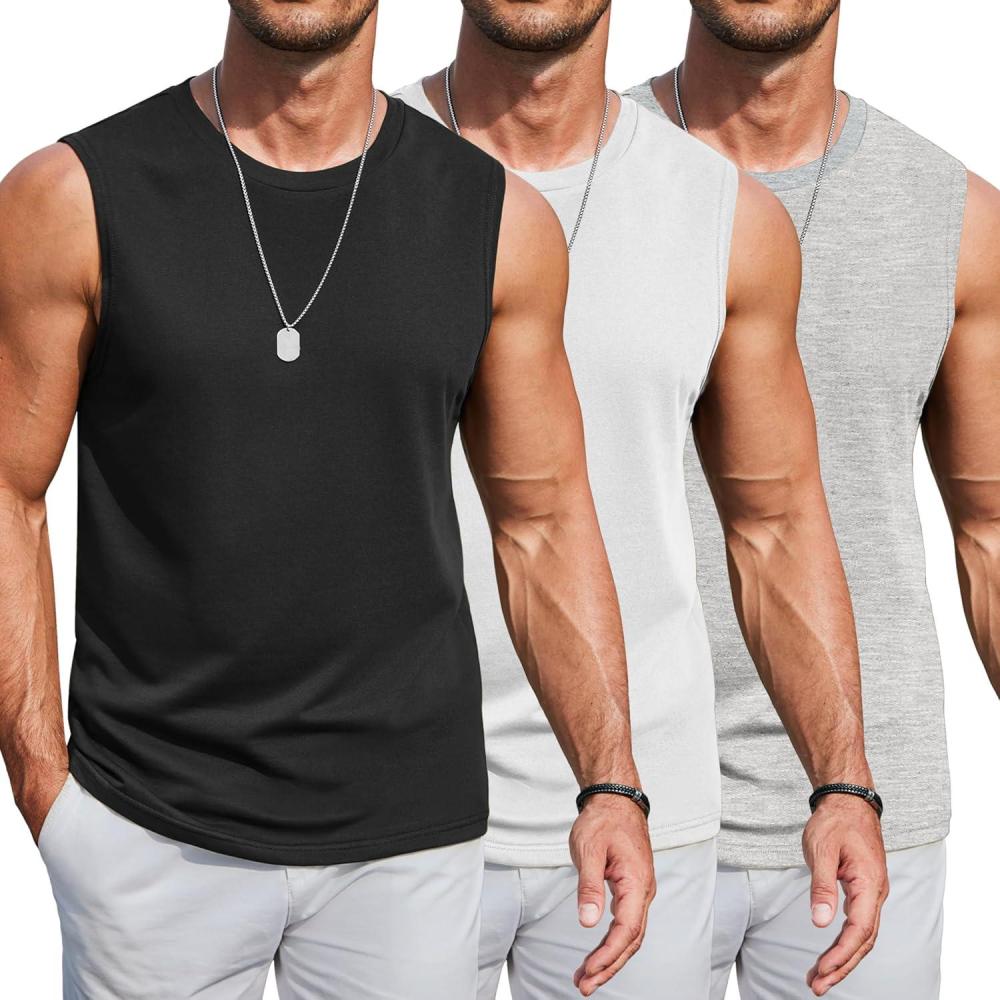 imageCOOFANDY Mens Workout Tank Tops Cotton 3 Pack Soft Gym Muscle Shirt Sleeveless Classic T ShirtsBlackWhiteLight Grey
