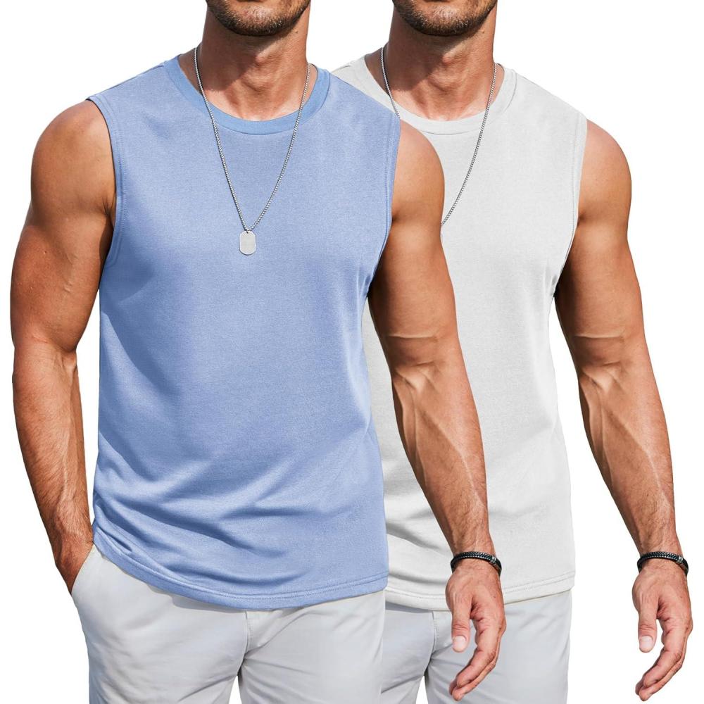 imageCOOFANDY Mens Workout Tank Tops Cotton 3 Pack Soft Gym Muscle Shirt Sleeveless Classic T ShirtsWhiteLight Blue