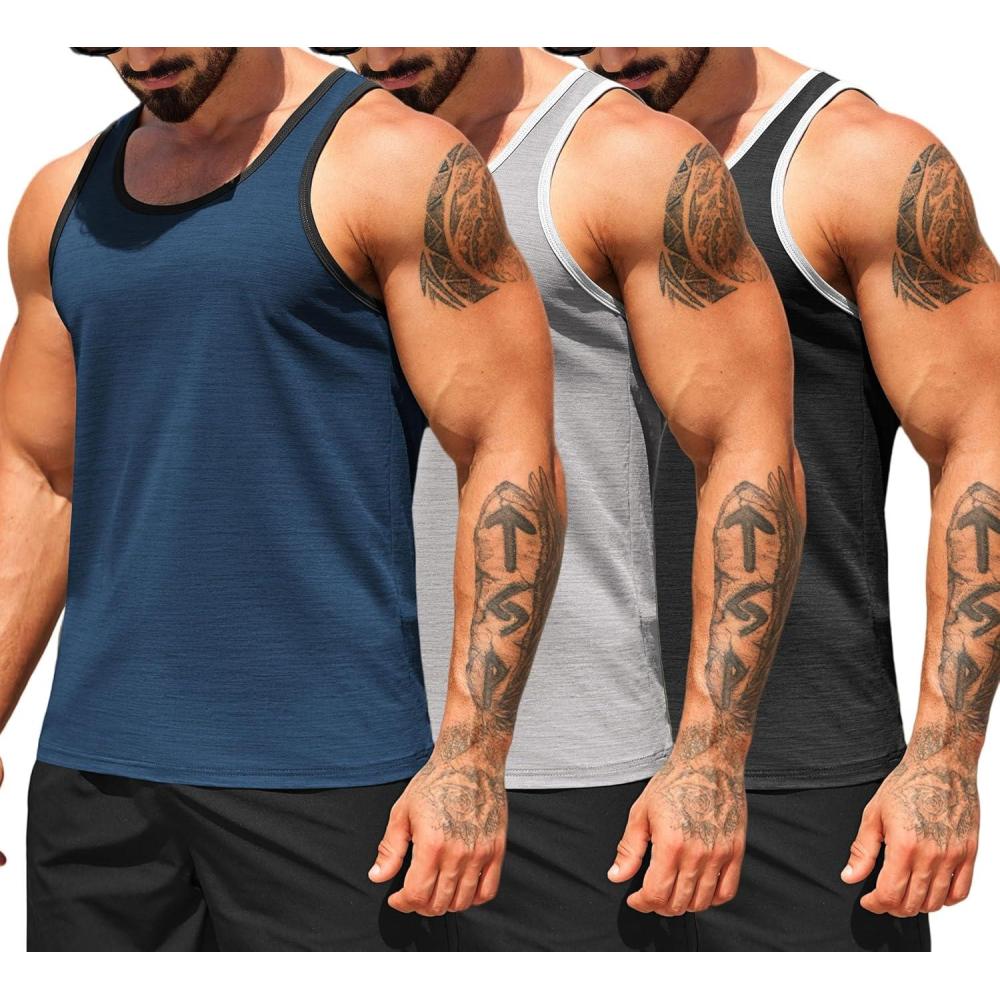 imageCOOFANDY Mens Workout Tank Tops Pack Dry Fit Sleeveless Running Shirts Gym Muscle Bodybuilding T ShirtsBlackGreyNavy Blue
