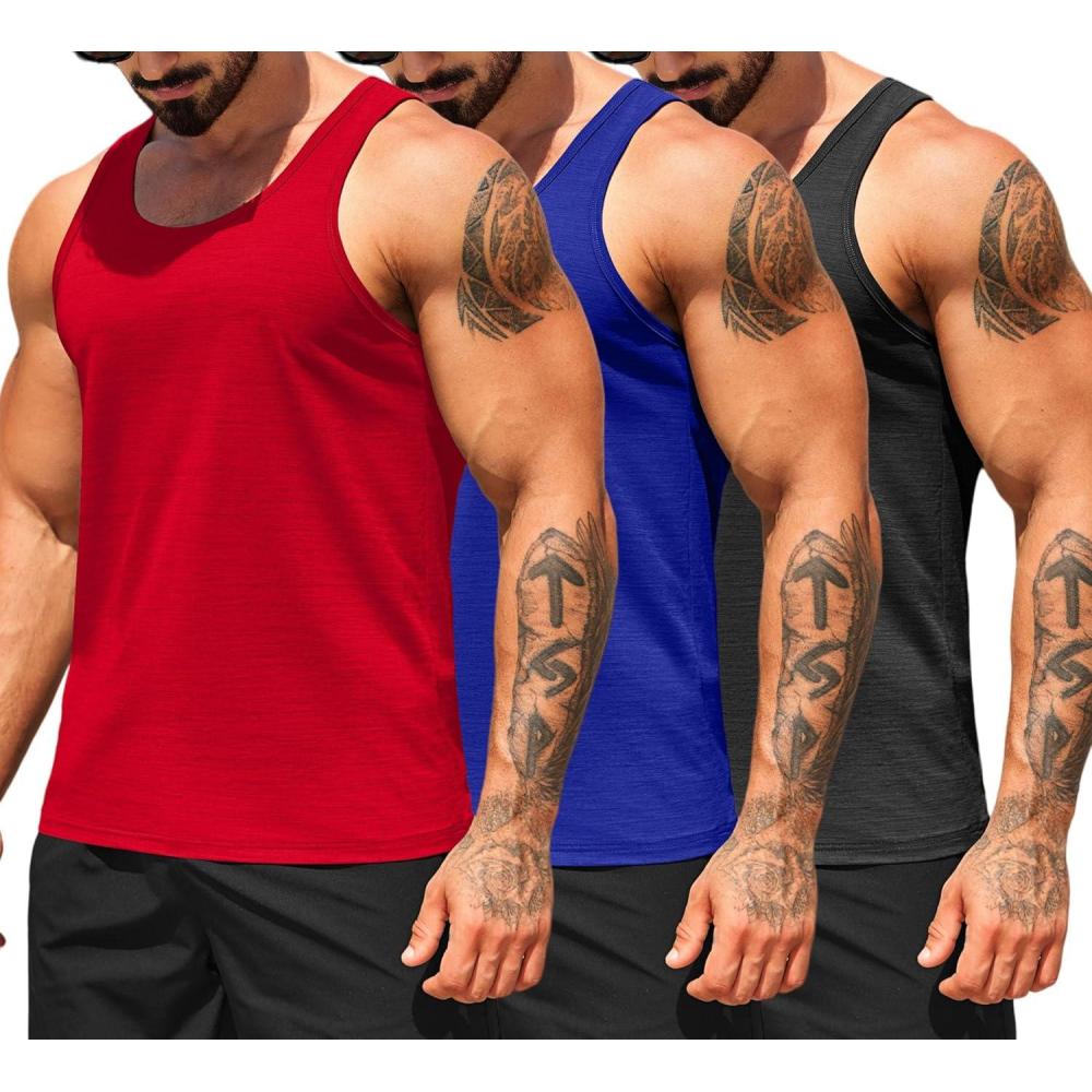 imageCOOFANDY Mens Workout Tank Tops Pack Dry Fit Sleeveless Running Shirts Gym Muscle Bodybuilding T ShirtsBlackRedRoyal Blue