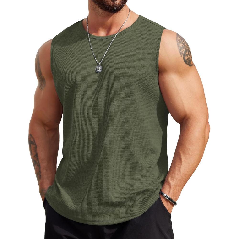 imageCOOFANDY Mens Workout Tank Tops Sleeveless Gym Muscle Tee Shirts 2 Pack Casual Breathable Waffle Knit TanksArmy Green1 Pcs