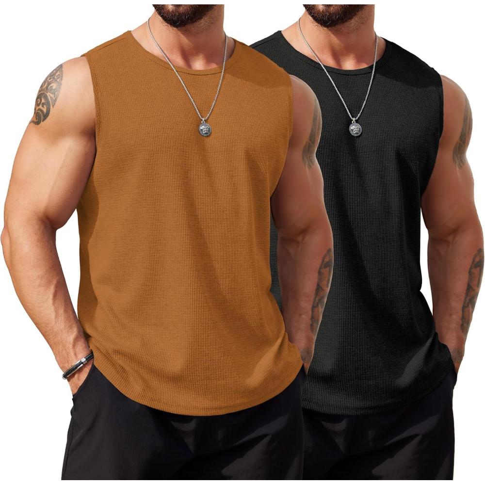 imageCOOFANDY Mens Workout Tank Tops Sleeveless Gym Muscle Tee Shirts 2 Pack Casual Breathable Waffle Knit TanksBlackBrown