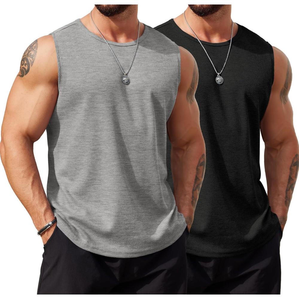 imageCOOFANDY Mens Workout Tank Tops Sleeveless Gym Muscle Tee Shirts 2 Pack Casual Breathable Waffle Knit TanksBlackLight Grey