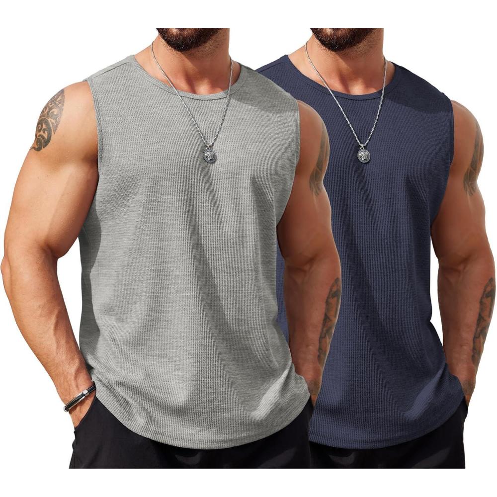 imageCOOFANDY Mens Workout Tank Tops Sleeveless Gym Muscle Tee Shirts 2 Pack Casual Breathable Waffle Knit TanksBlueLight Grey