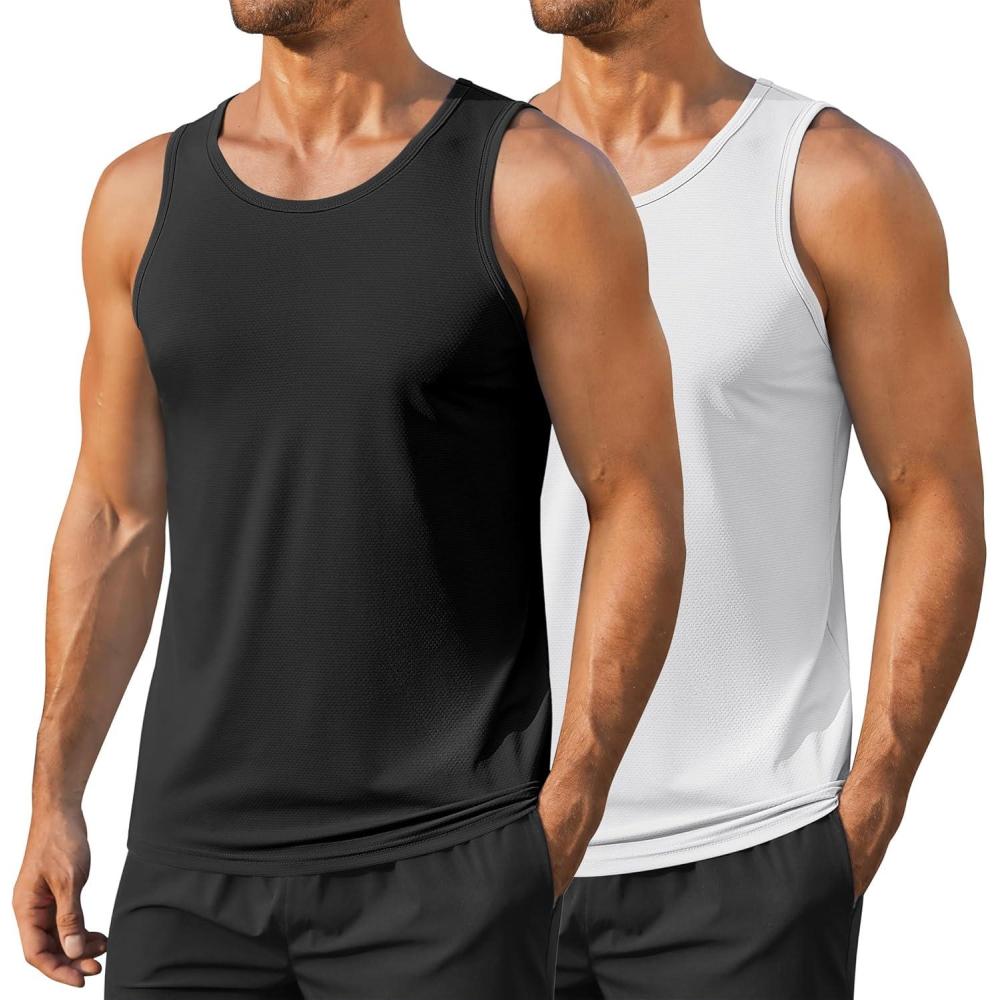 imageCOOFANDY Mens Workout Tank Tops UPF 50 Sleeveless Gym Muscle Shirts Cooling Quick Dry Bodybuilding Tanks for Swim BeachBlackWhite