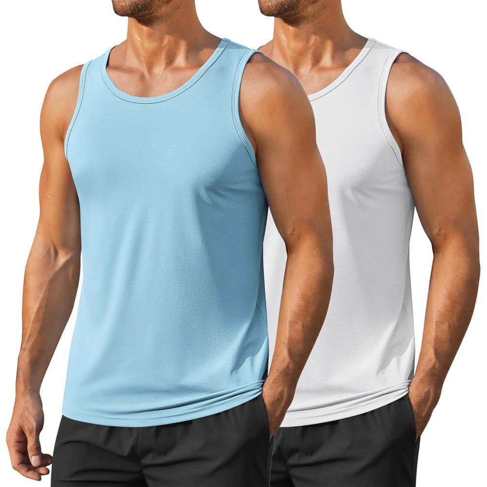 imageCOOFANDY Mens Workout Tank Tops UPF 50 Sleeveless Gym Muscle Shirts Cooling Quick Dry Bodybuilding Tanks for Swim BeachWhiteLight Blue