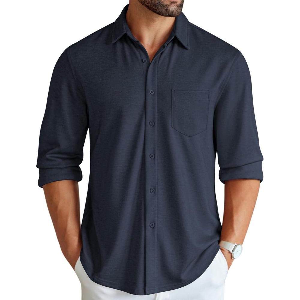 imageCOOFANDY Mens Wrinkle Free Shirt Casual Button Down Long Sleeve Dress ShirtsDark Blue