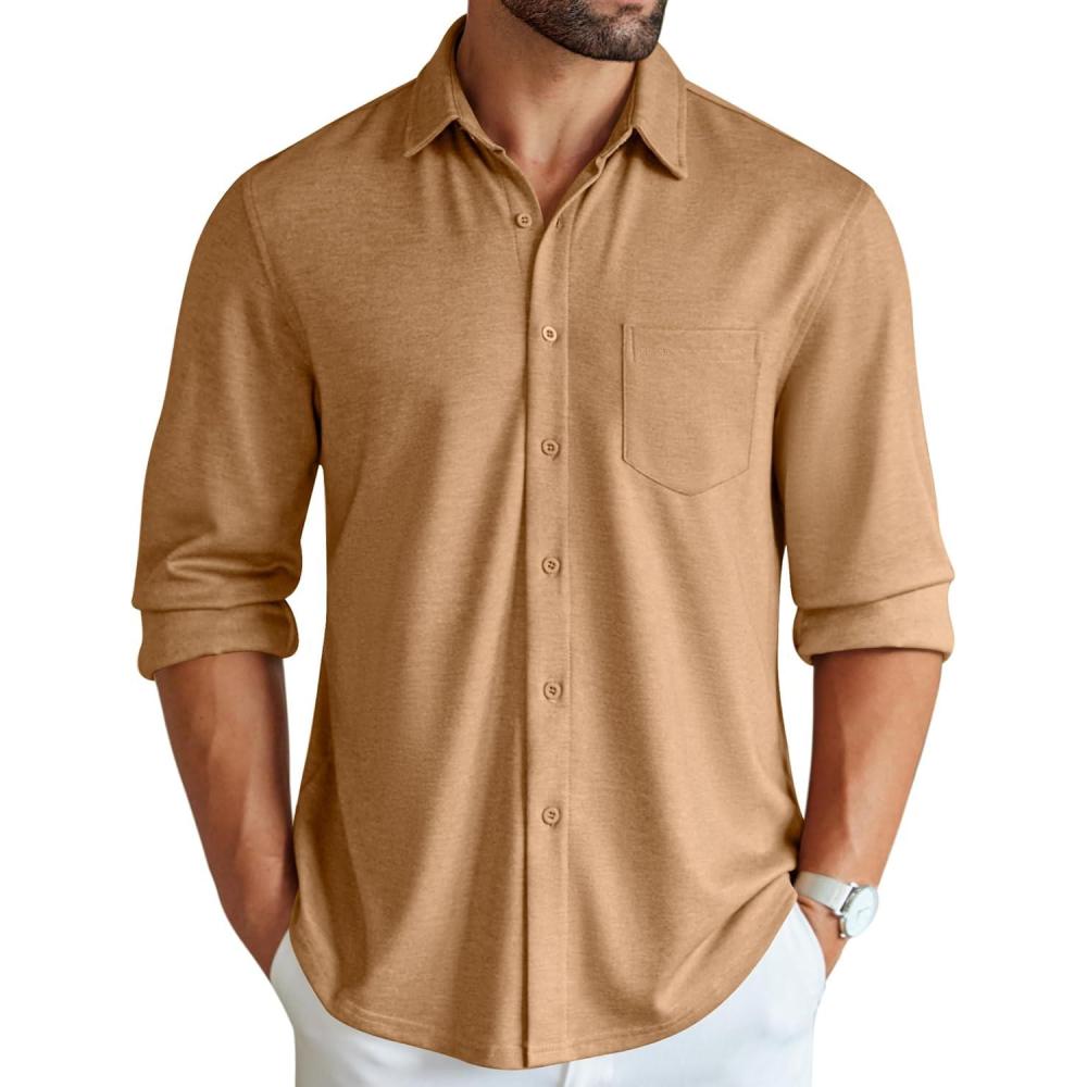imageCOOFANDY Mens Wrinkle Free Shirt Casual Button Down Long Sleeve Dress ShirtsLight Brown