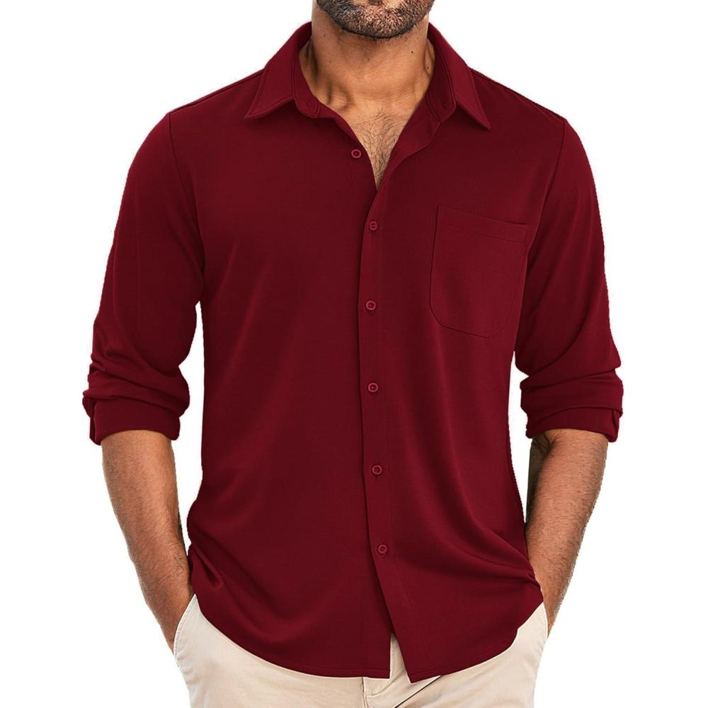 imageCOOFANDY Mens Wrinkle Free Shirts Casual Long Sleeve Button Down Dress ShirtsWine Red
