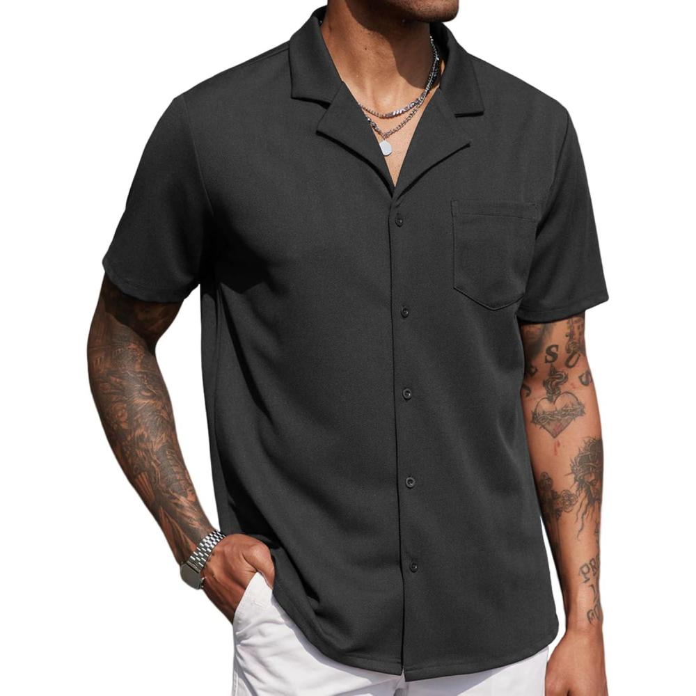 imageCOOFANDY Mens Wrinkle Free Untucked Cuban Shirt Business Casual Button Down Shirts Short Sleeve ShirtBlack