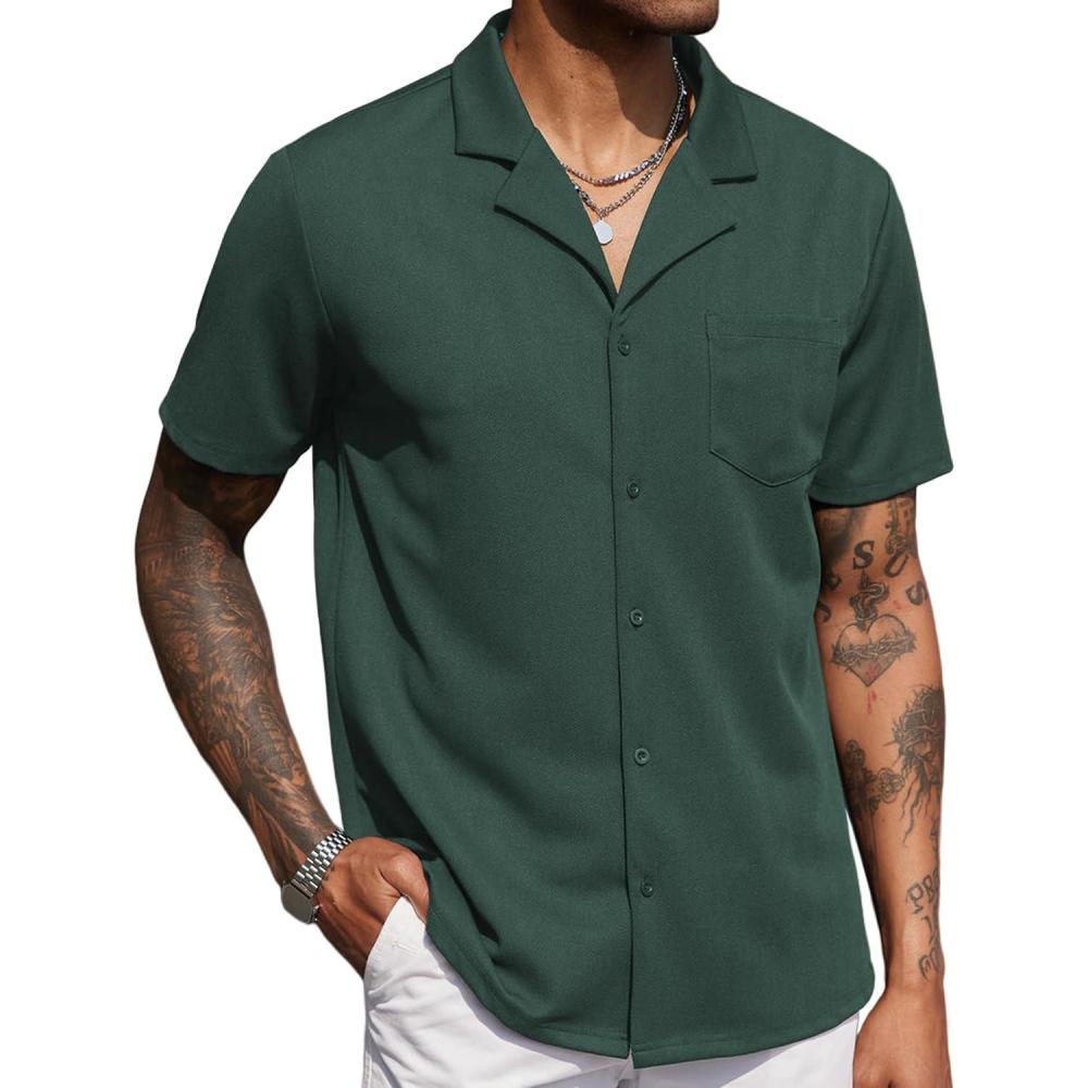 imageCOOFANDY Mens Wrinkle Free Untucked Cuban Shirt Business Casual Button Down Shirts Short Sleeve ShirtDark Green
