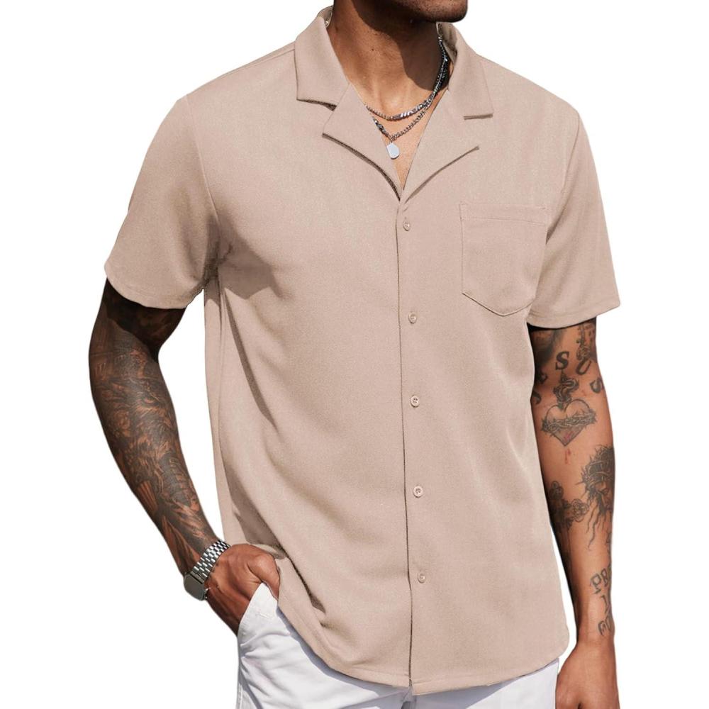 imageCOOFANDY Mens Wrinkle Free Untucked Cuban Shirt Business Casual Button Down Shirts Short Sleeve ShirtKhaki