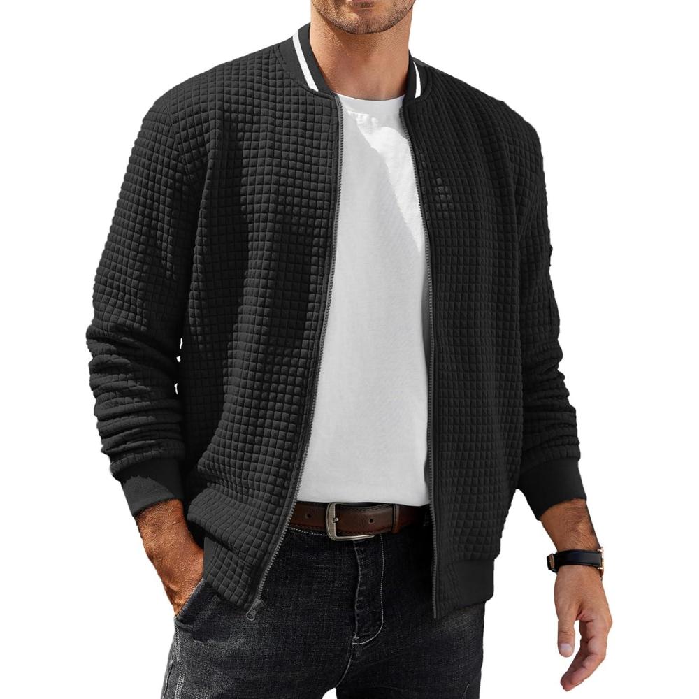 imageCOOFANDY Mens Zip Up Sweater Jacket Waffle Sweatshirt Knit Bomber Lightweight Casual JacketsBlack